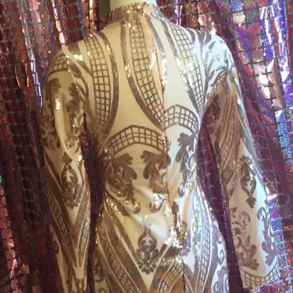 NWOT long sleeved dress with nude underlay & rose gold sequins throughout SM - Picture 11 of 14